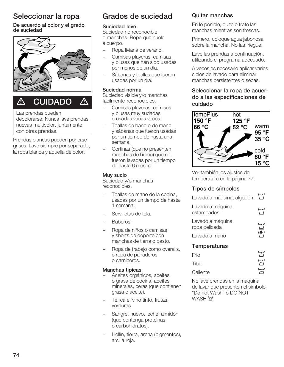 Cuidado, Seleccionar la ropa, Grados de suciedad | Siemens WFXD5200UC User Manual | Page 75 / 89