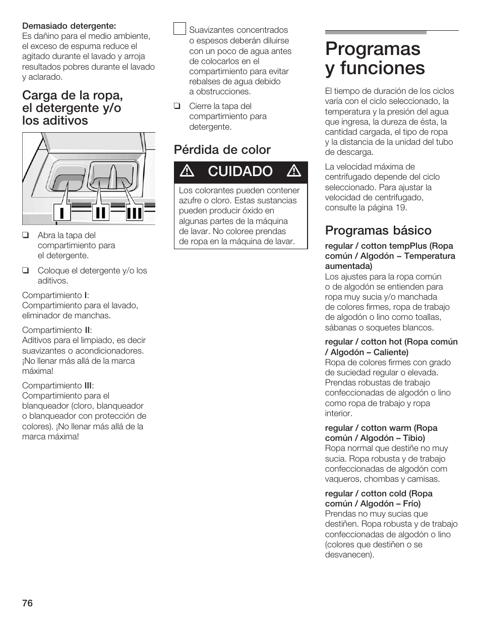 Programas yăfunciones, Cuidado, Carga de la ropa, elădetergente y/o losăaditivos | Pérdida de color, Programas básico | Siemens WFXD5200UC User Manual | Page 77 / 89