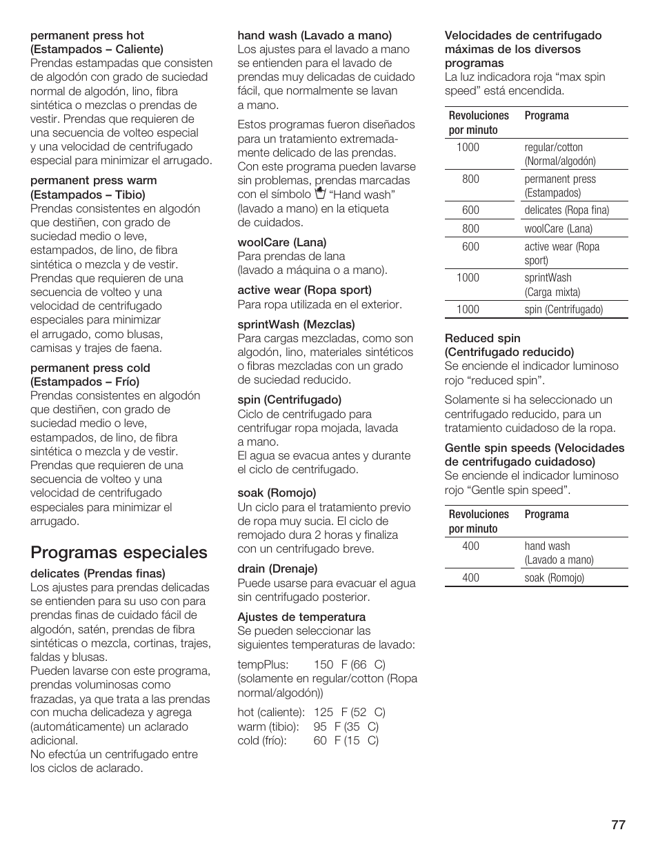 Programas especiales | Siemens WFXD5200UC User Manual | Page 78 / 89