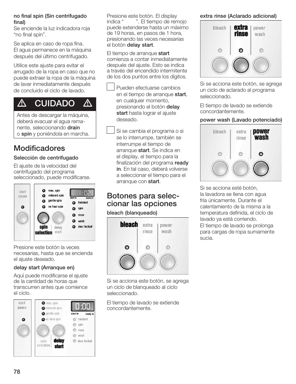 Cuidado, Modificadores, Botones para selecć cionar las opciones | Siemens WFXD5200UC User Manual | Page 79 / 89