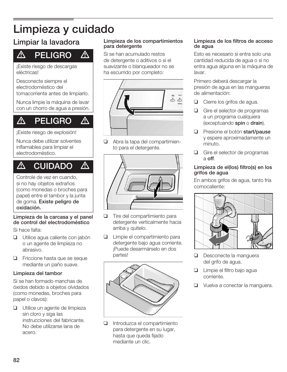 Limpieza y cuidado, Peligro, Cuidado | Limpiar la lavadora | Siemens WFXD5200UC User Manual | Page 83 / 89