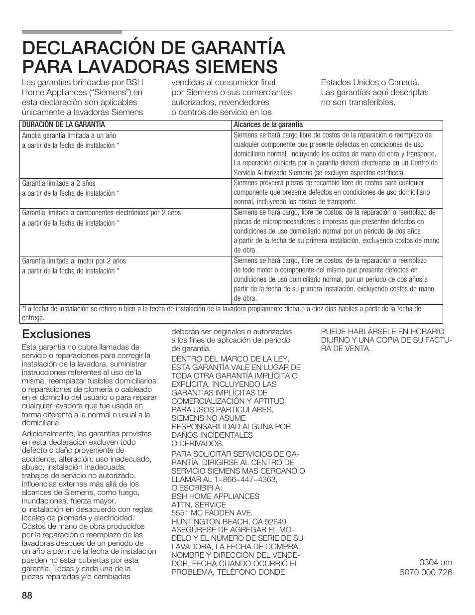 Declaración de garantía paraălavadoras siemens, Exclusiones | Siemens WFXD5200UC User Manual | Page 89 / 89