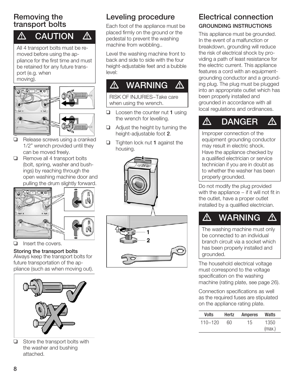 Caution, Warning, Danger | Removing the transport bolts, Leveling procedure, Electrical connection | Siemens WFXD5200UC User Manual | Page 9 / 89
