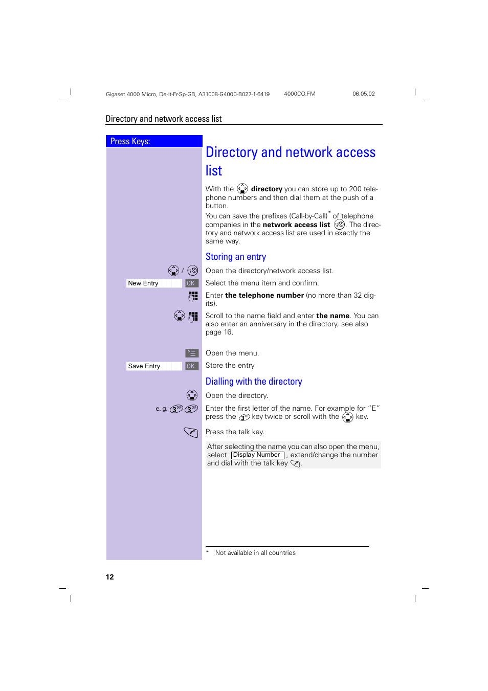 Directory and network access list, Storing an entry, Dialling with the directory | Siemens 4000i User Manual | Page 12 / 32