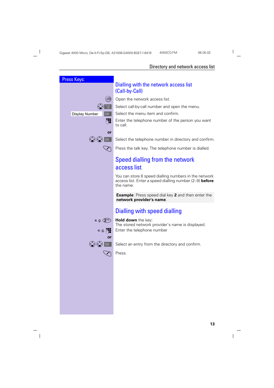 Speed dialling from the network access list, Dialling with speed dialling | Siemens 4000i User Manual | Page 13 / 32