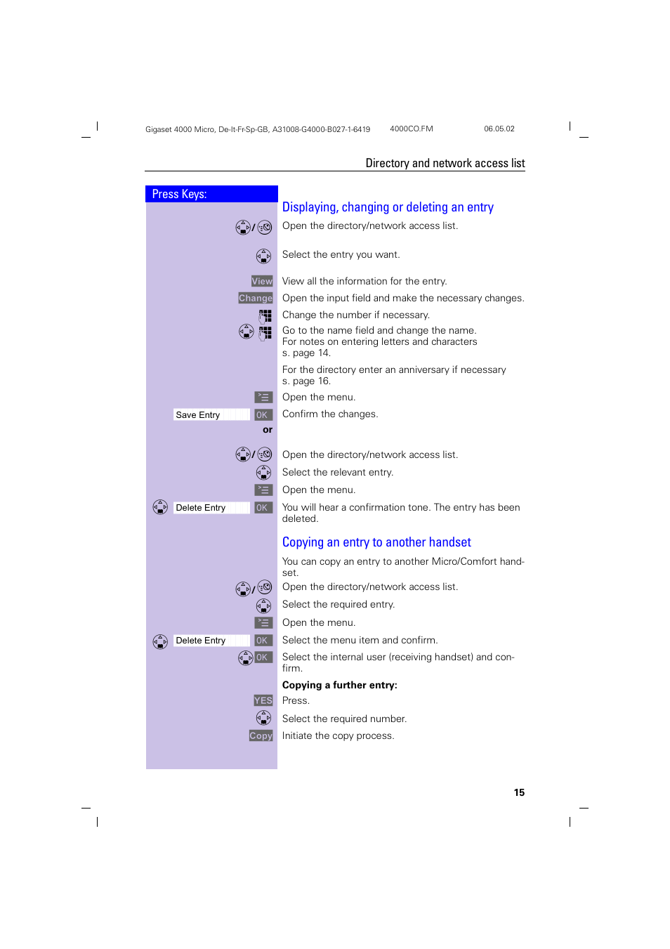 Displaying, changing or deleting an entry, Copying an entry to another handset | Siemens 4000i User Manual | Page 15 / 32