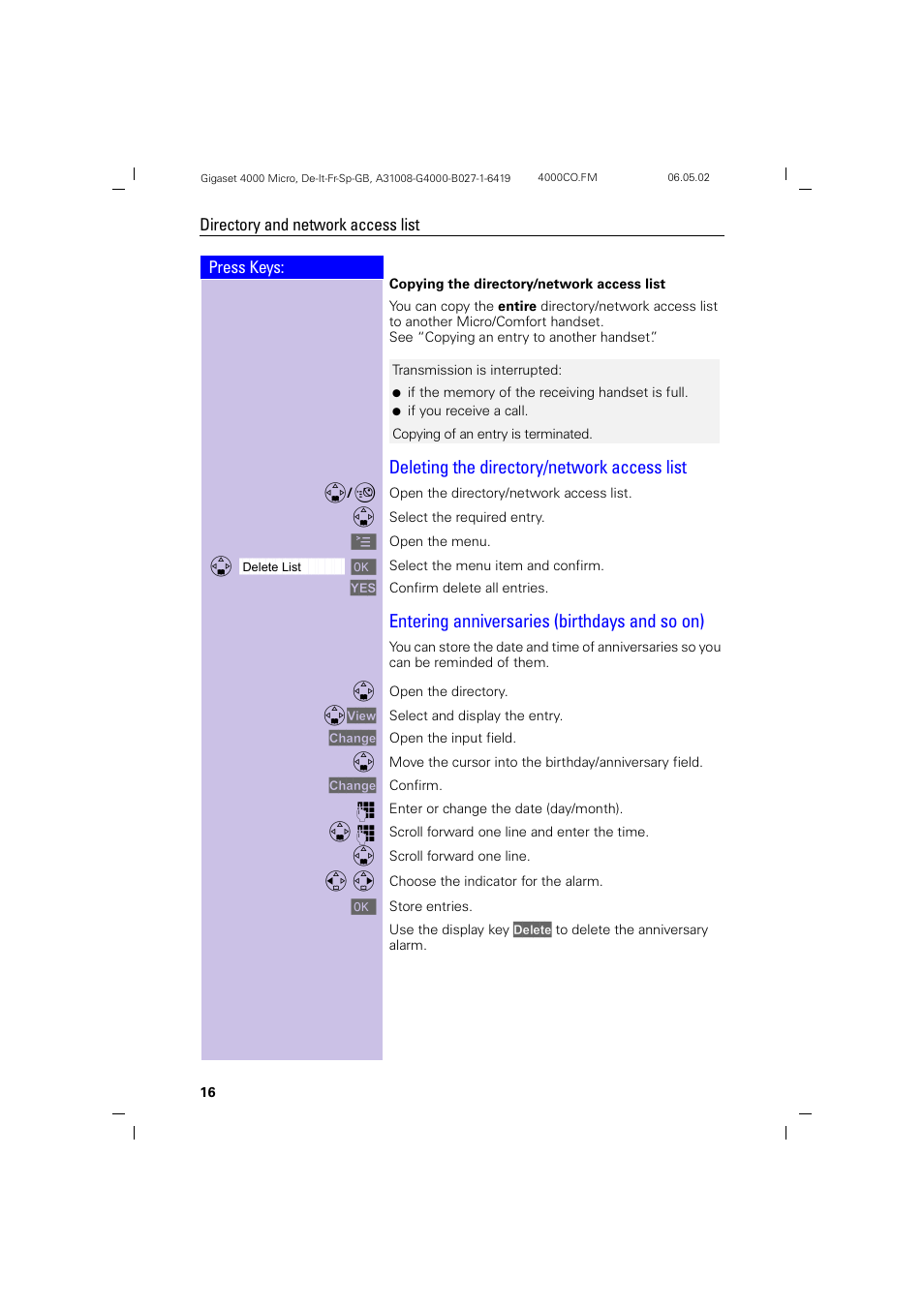 Deleting the directory/network access list, Entering anniversaries (birthdays and so on) | Siemens 4000i User Manual | Page 16 / 32