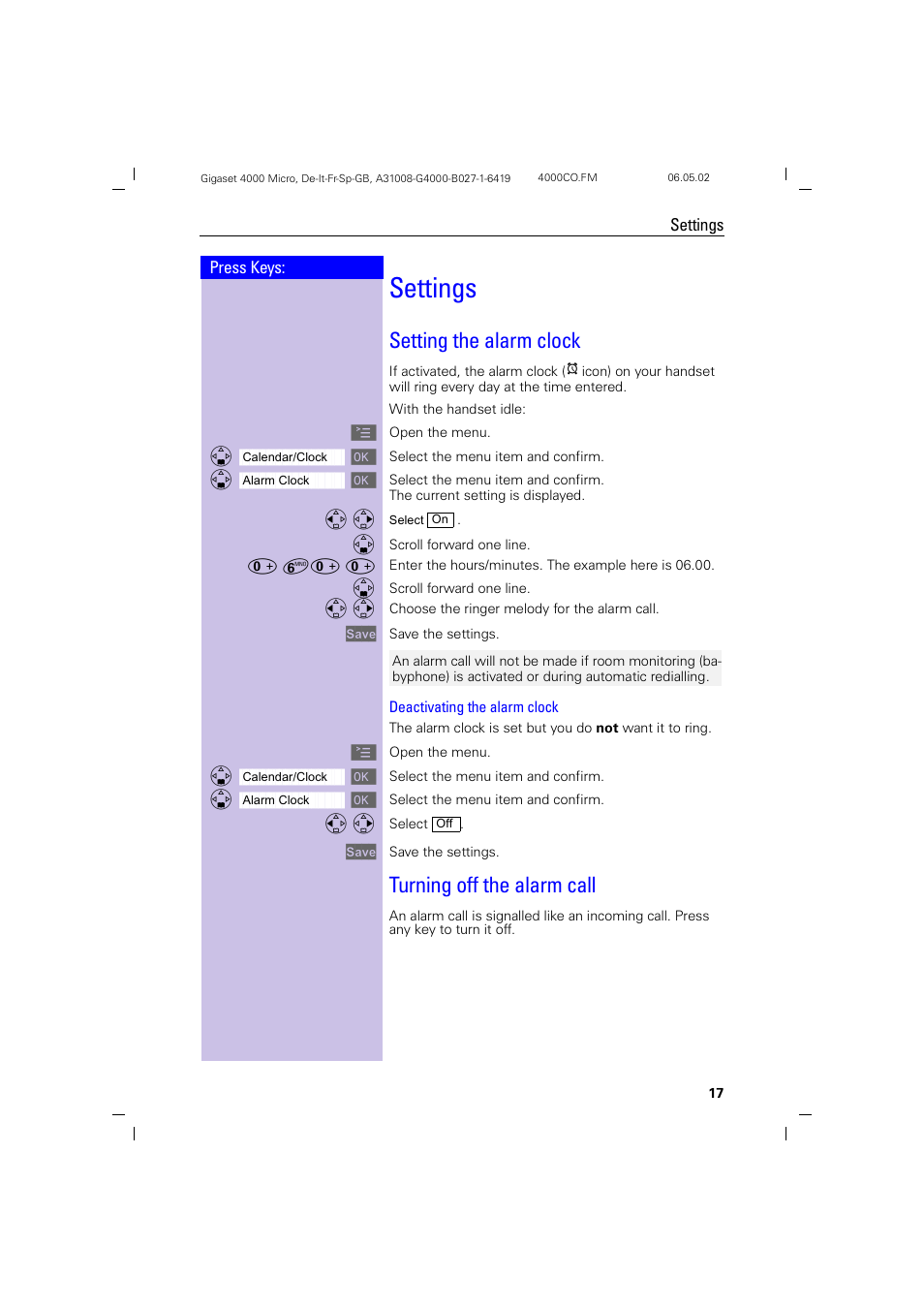 Settings, Setting the alarm clock, Turning off the alarm call | Ю £ю ю | Siemens 4000i User Manual | Page 17 / 32