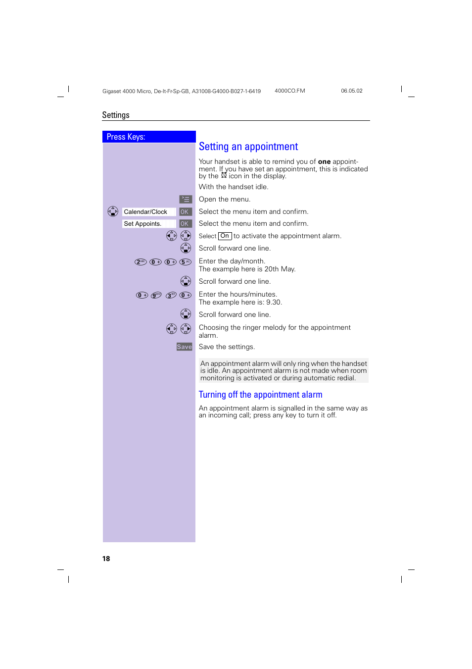 Setting an appointment, Turning off the appointment alarm | Siemens 4000i User Manual | Page 18 / 32