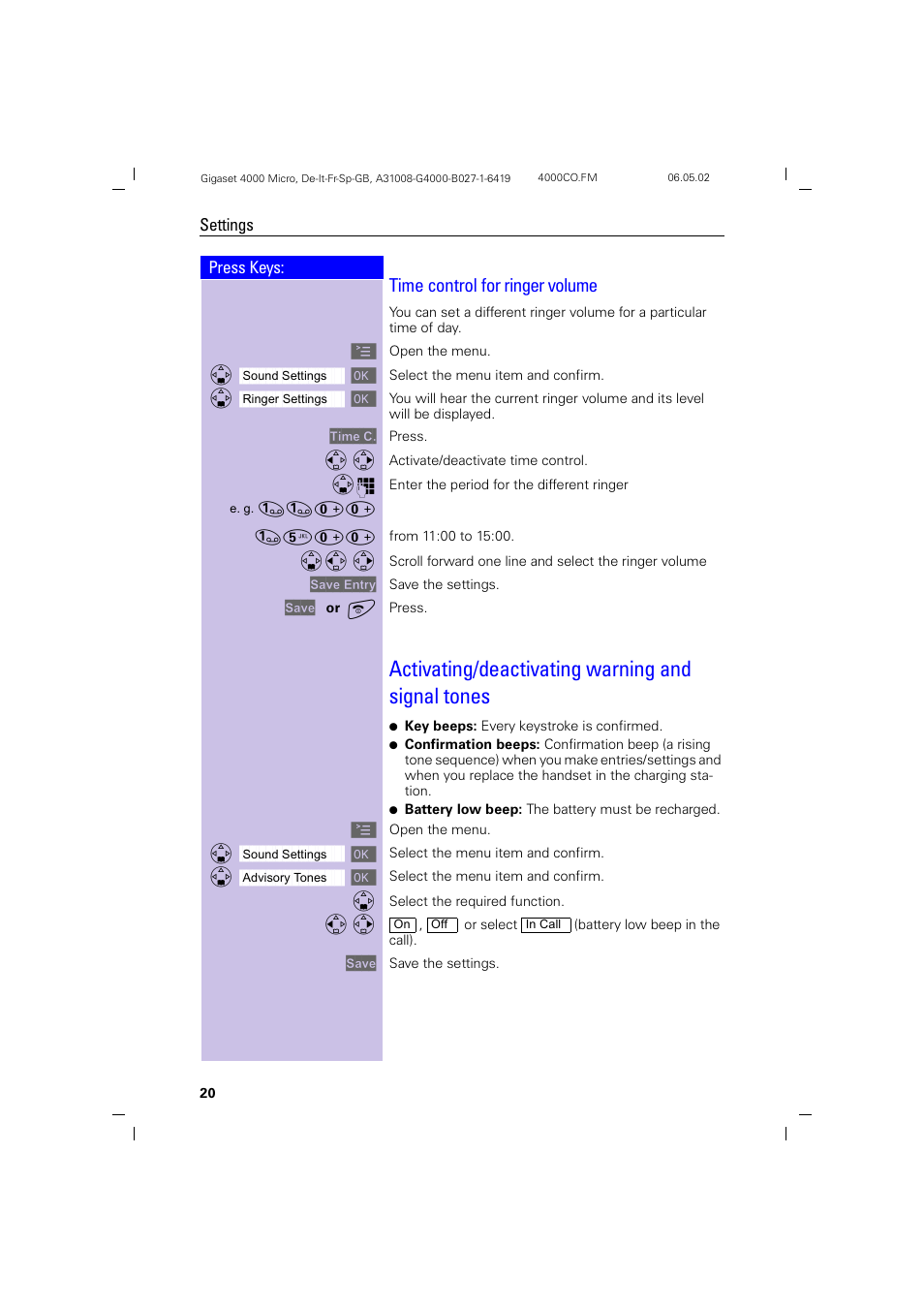 Activating/deactivating warning and signal tones, Time control for ringer volume, Юю ]¢юю | Siemens 4000i User Manual | Page 20 / 32