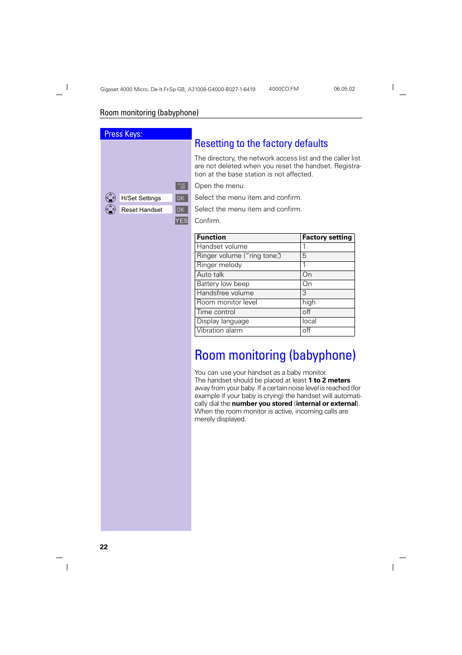 Room monitoring (babyphone), Resetting to the factory defaults | Siemens 4000i User Manual | Page 22 / 32