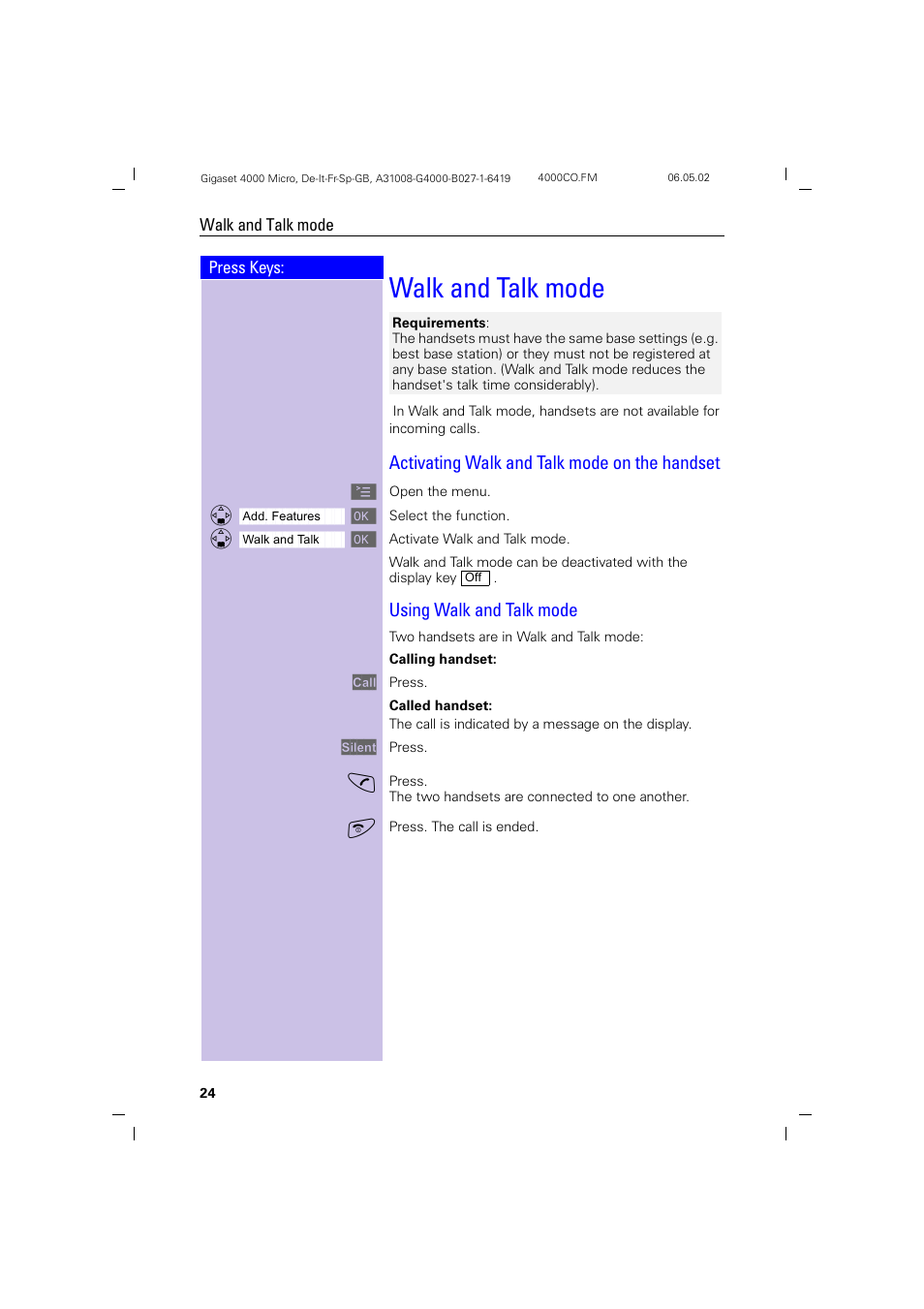 Walk and talk mode, Activating walk and talk mode on the handset, Using walk and talk mode | Siemens 4000i User Manual | Page 24 / 32