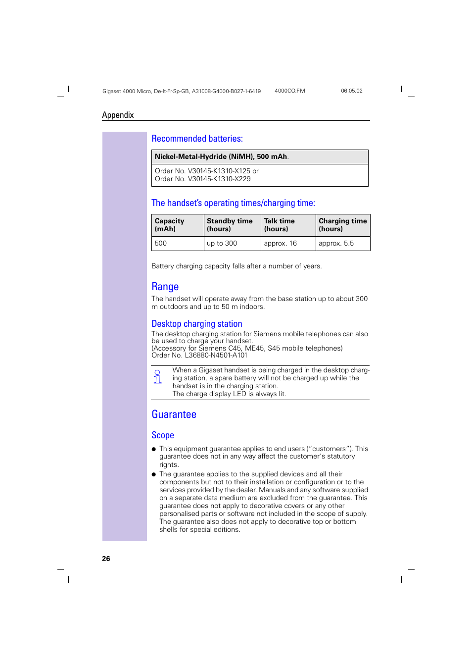 Guarantee, Range, Desktop charging station | Scope | Siemens 4000i User Manual | Page 26 / 32