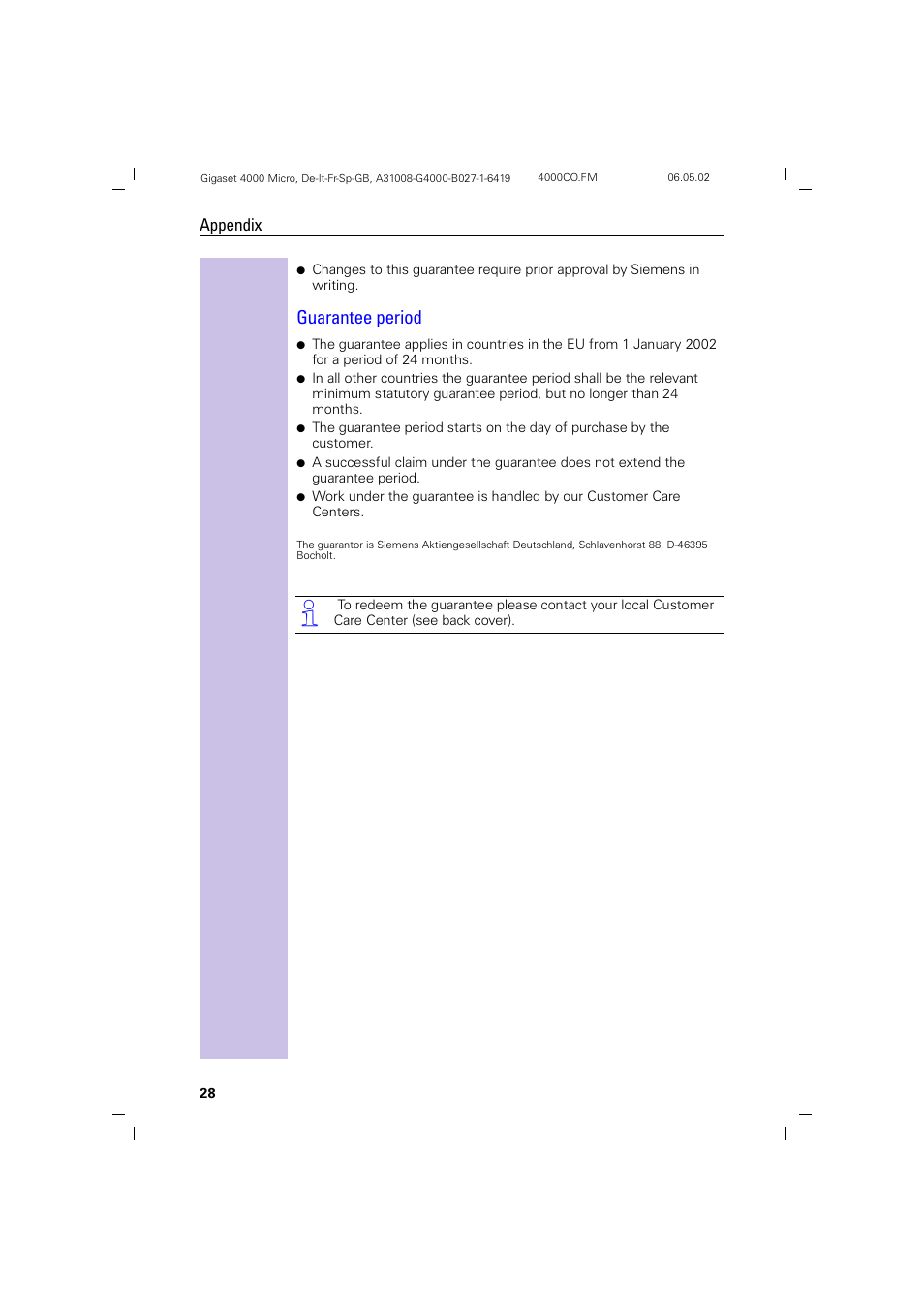 Guarantee period | Siemens 4000i User Manual | Page 28 / 32