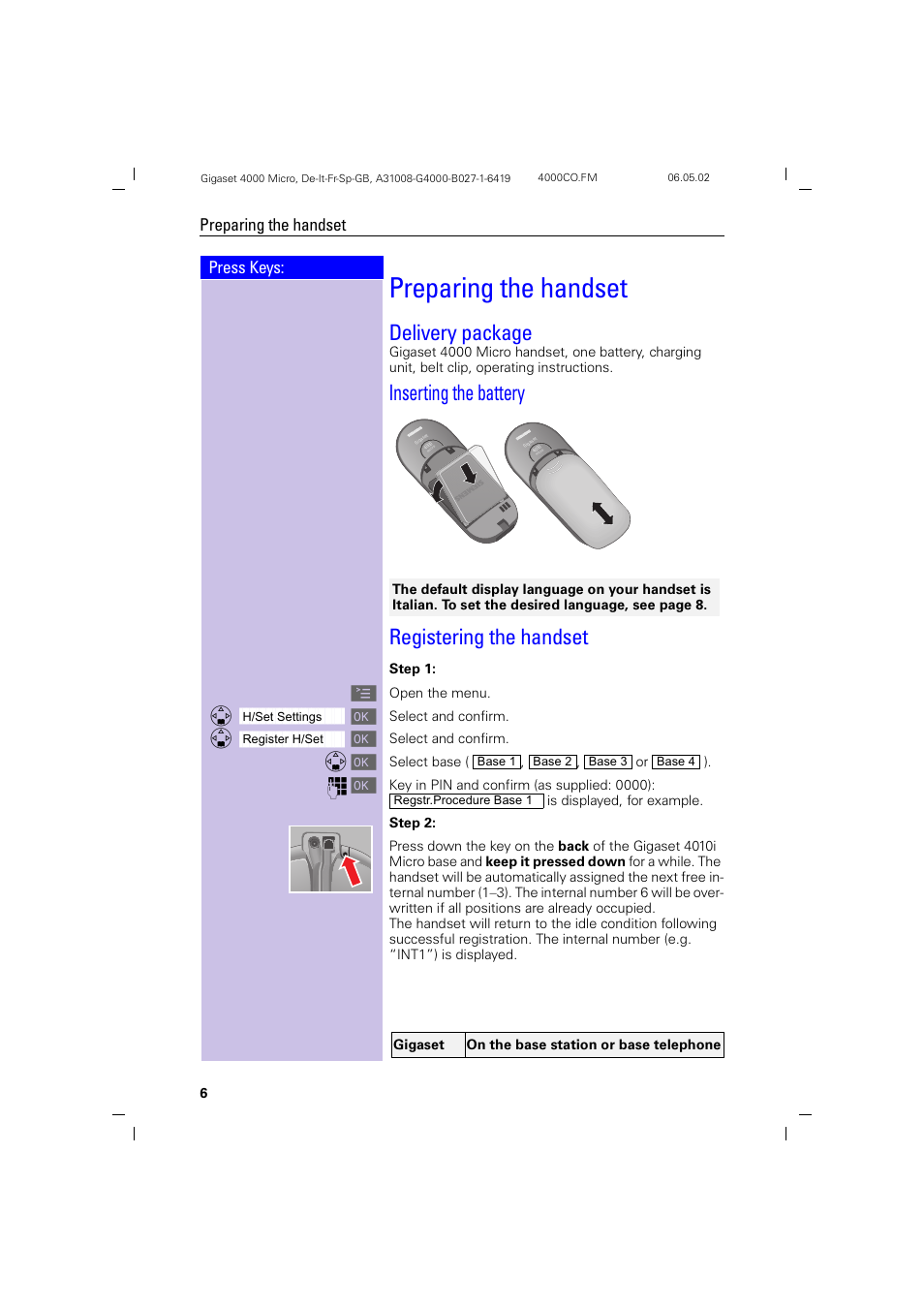 Registering the handset, Preparing the handset, Delivery package | Inserting the battery registering the handset, Press keys: preparing the handset | Siemens 4000i User Manual | Page 6 / 32