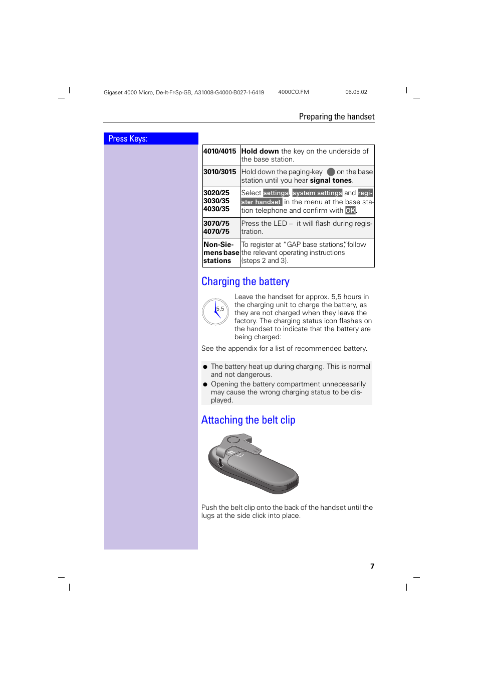 Charging the battery, Attaching the belt clip | Siemens 4000i User Manual | Page 7 / 32