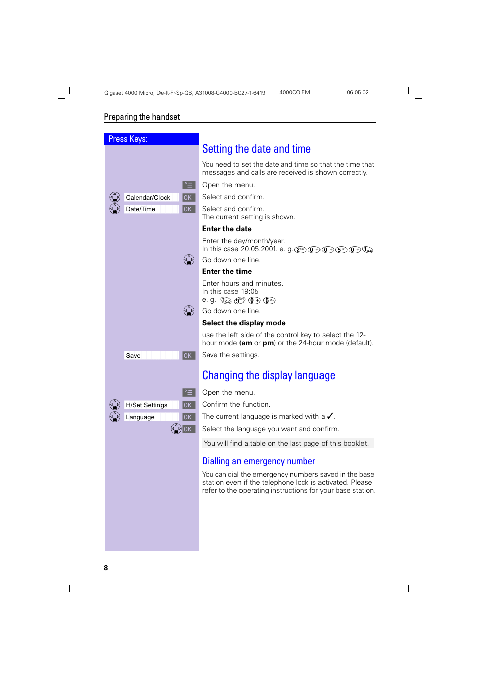 Setting the date and time, Changing the display language, Dialling an emergency number | Siemens 4000i User Manual | Page 8 / 32