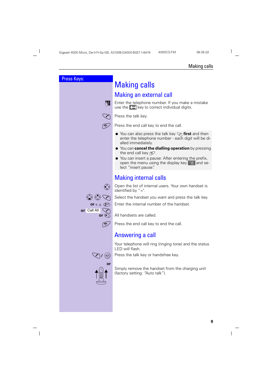 Making calls, Answering a call, Making an external call | Making internal calls | Siemens 4000i User Manual | Page 9 / 32