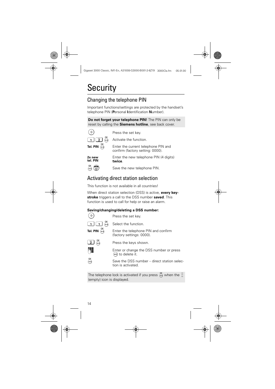 Security, Changing the telephone pin, Activating direct station selection | Siemens Gigaset 3000 Classic User Manual | Page 14 / 20
