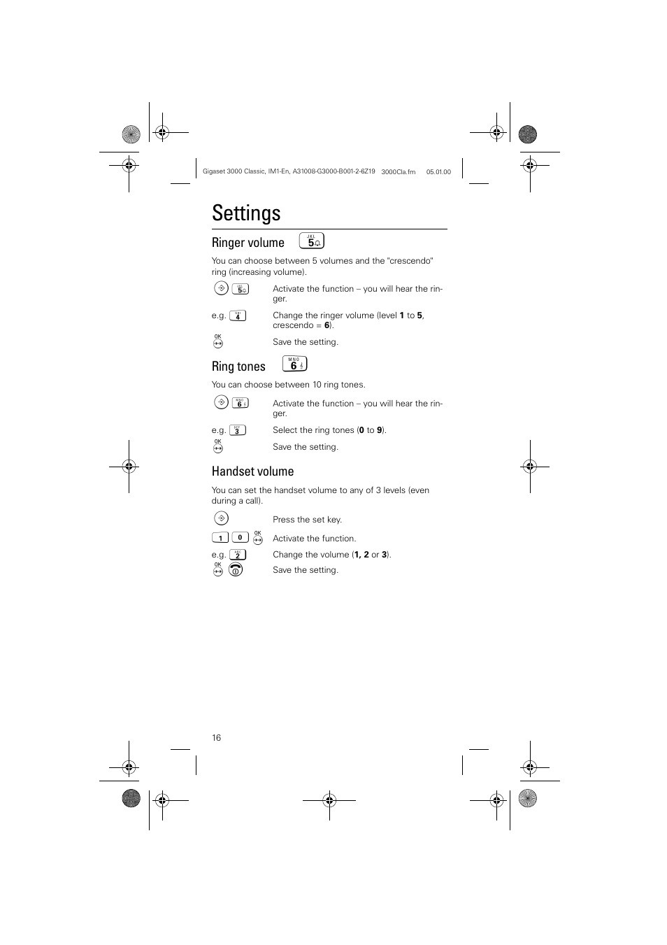 Settings, Ringer volume, Ring tones | Handset volume | Siemens Gigaset 3000 Classic User Manual | Page 16 / 20