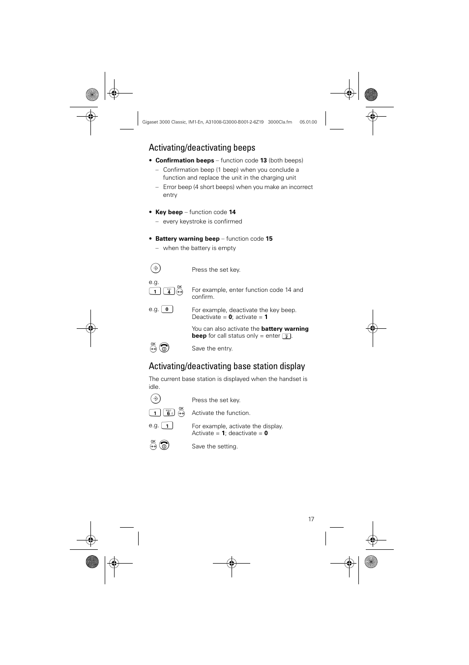 Activating/deactivating beeps, Activating/deactivating base station display | Siemens Gigaset 3000 Classic User Manual | Page 17 / 20