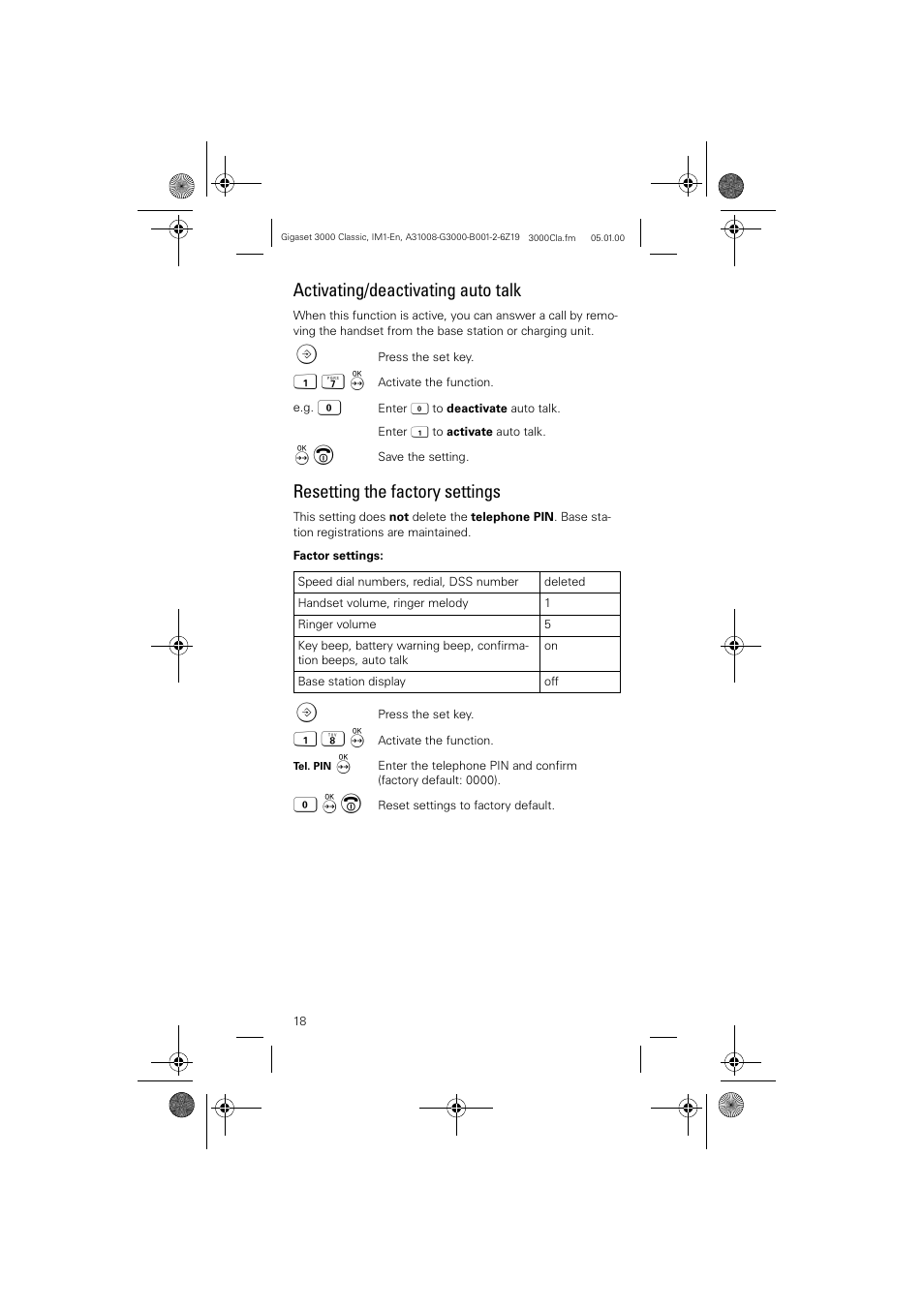 Activating/deactivating auto talk, Resetting the factory settings | Siemens Gigaset 3000 Classic User Manual | Page 18 / 20