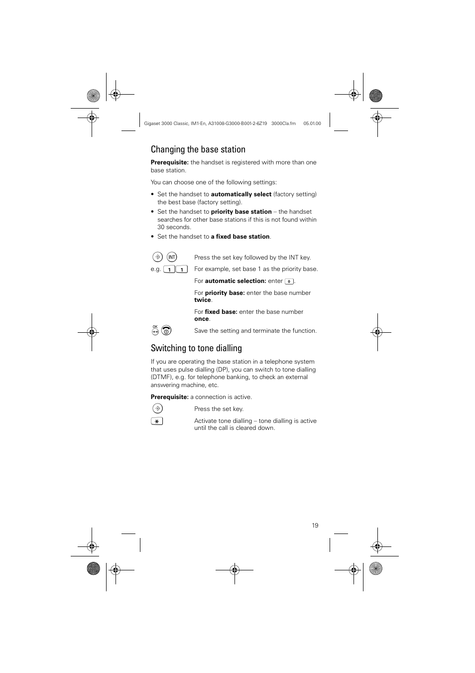 Changing the base station, Switching to tone dialling | Siemens Gigaset 3000 Classic User Manual | Page 19 / 20