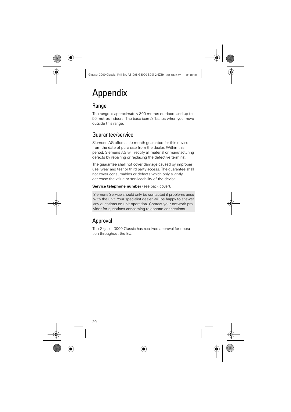 Appendix, Range, Guarantee/service | Approval | Siemens Gigaset 3000 Classic User Manual | Page 20 / 20