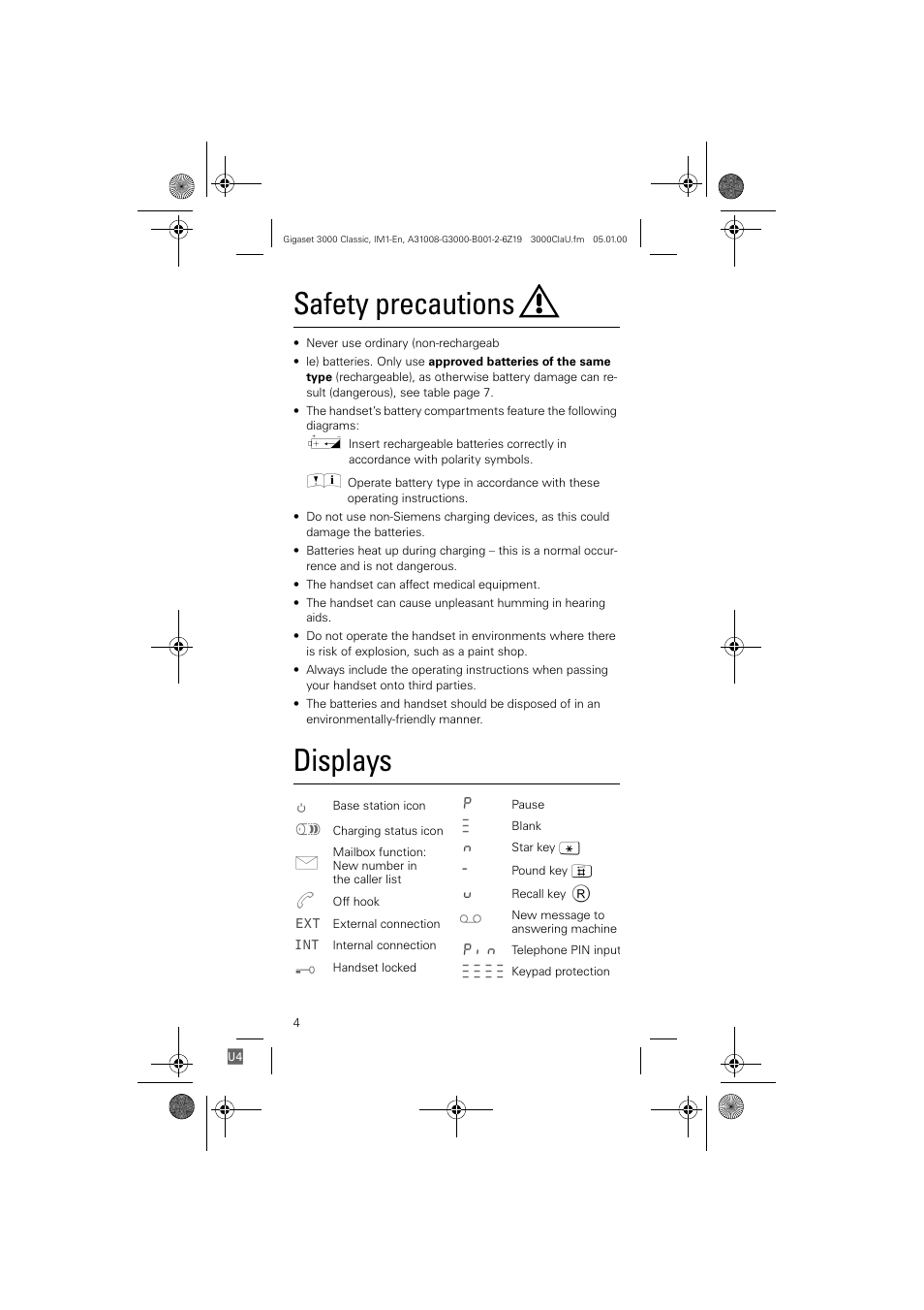 Safety precautions, Displays | Siemens Gigaset 3000 Classic User Manual | Page 4 / 20