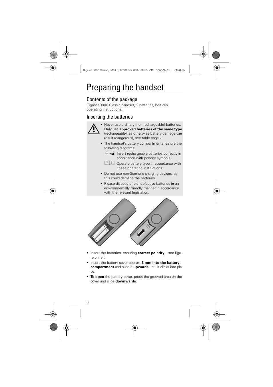 Preparing the handset, Contents of the package, Inserting the batteries | Siemens Gigaset 3000 Classic User Manual | Page 6 / 20