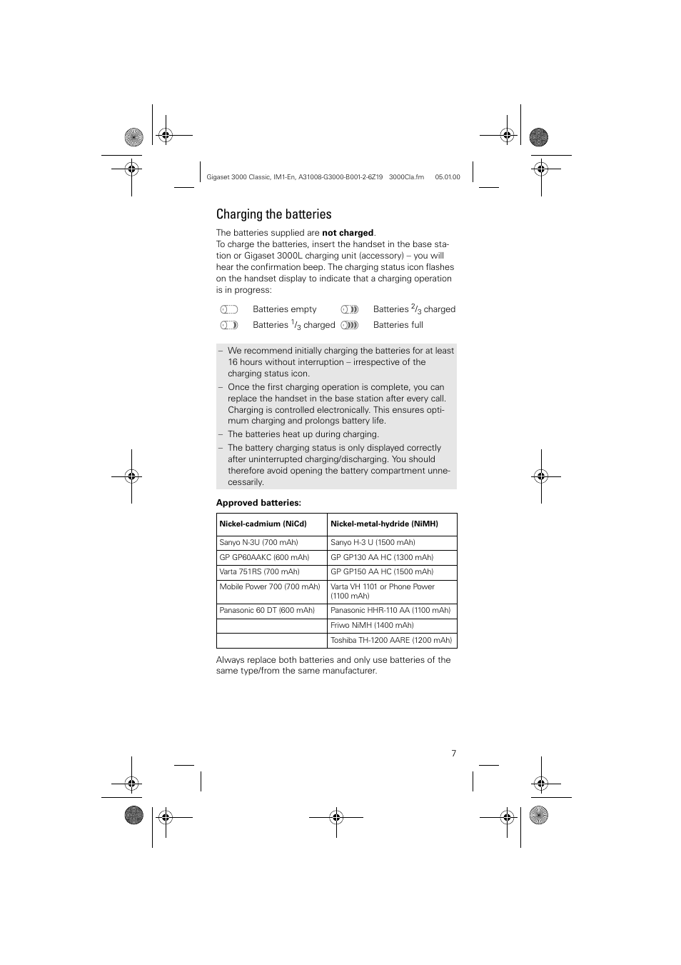 Charging the batteries | Siemens Gigaset 3000 Classic User Manual | Page 7 / 20