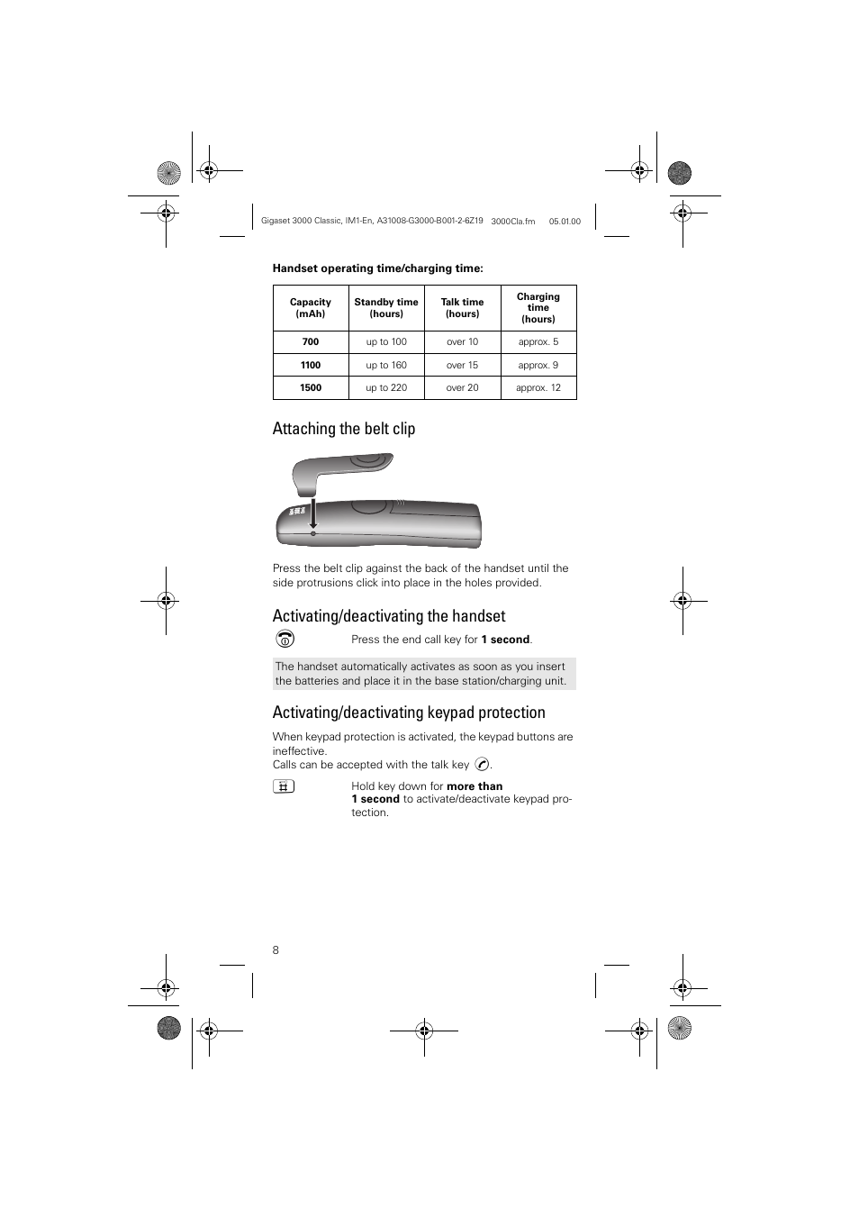 Attaching the belt clip, Activating/deactivating the handset, Activating/deactivating keypad protection | Siemens Gigaset 3000 Classic User Manual | Page 8 / 20