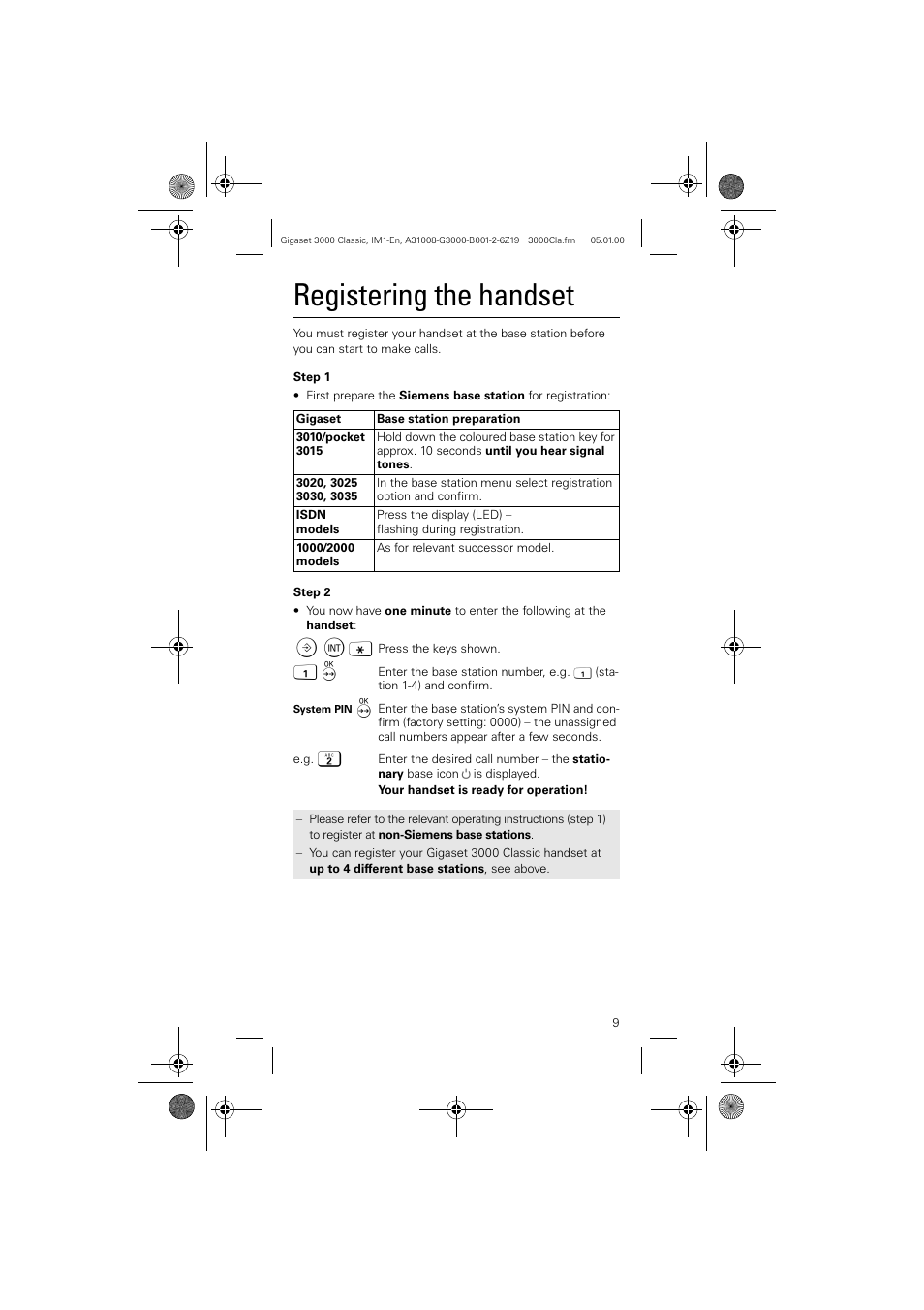 Registering the handset | Siemens Gigaset 3000 Classic User Manual | Page 9 / 20