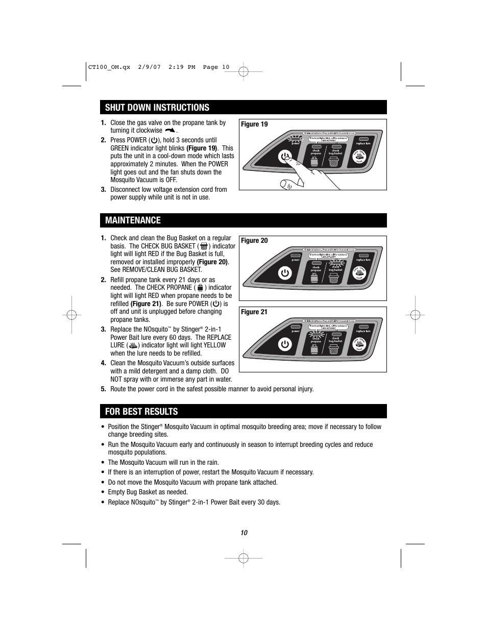 Shut down instructions, Maintenance, For best results | Stinger CT100 User Manual | Page 10 / 13