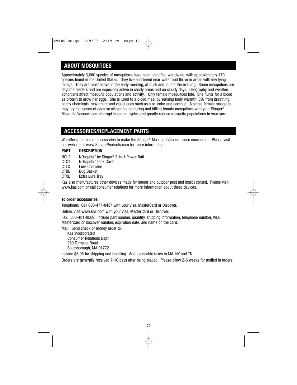 About mosquitoes, Accessories/replacement parts | Stinger CT100 User Manual | Page 11 / 13