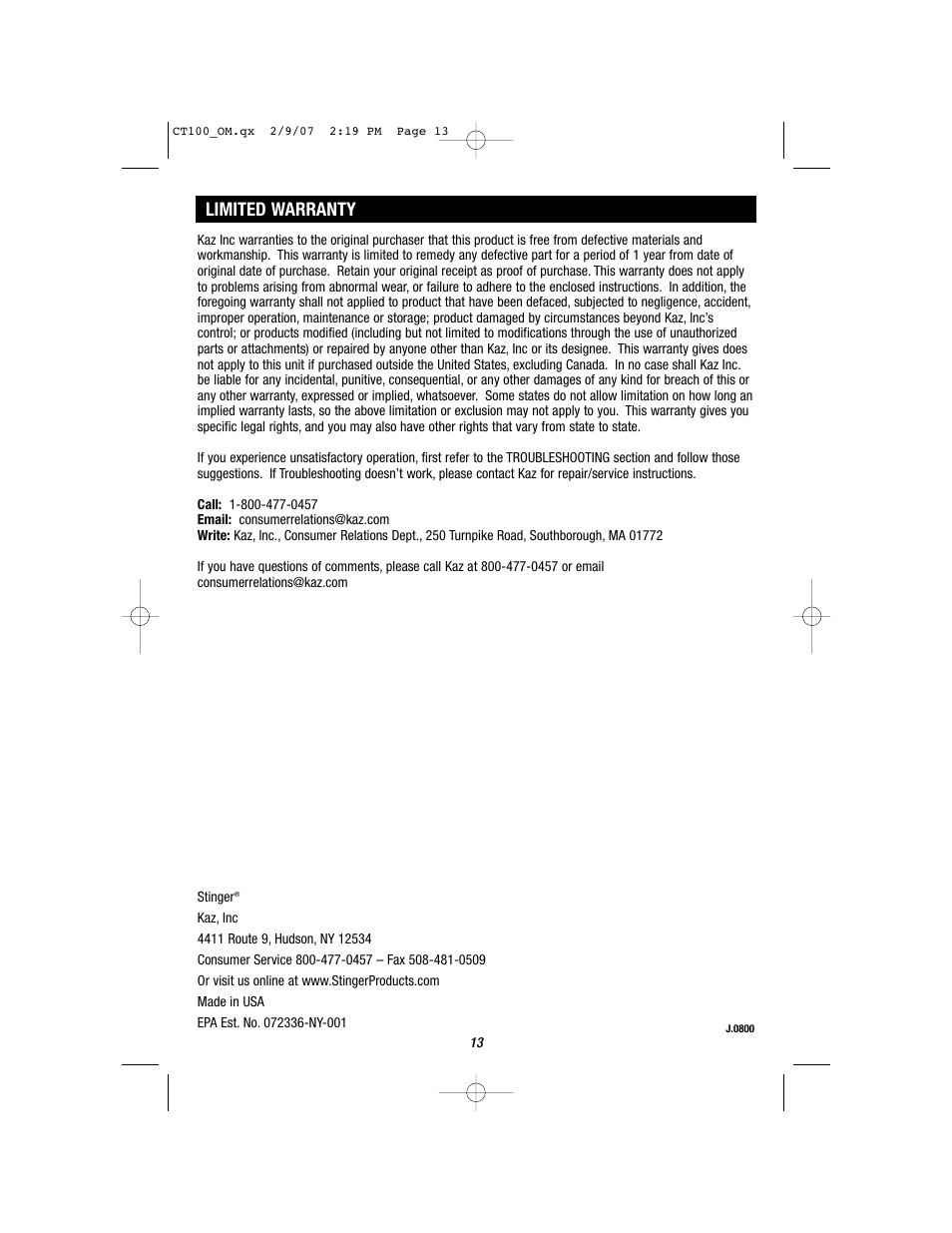 Limited warranty | Stinger CT100 User Manual | Page 13 / 13