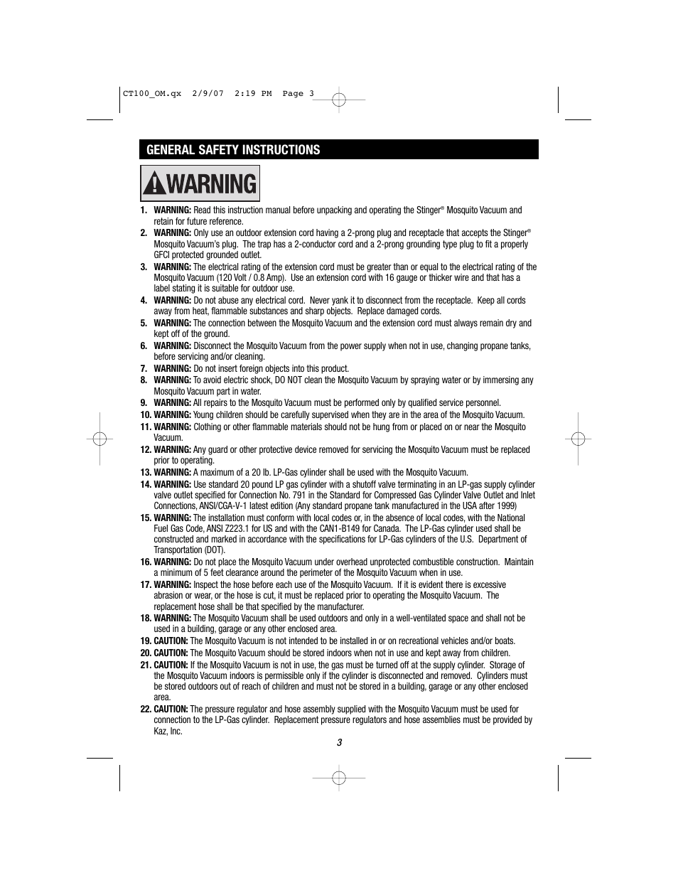 General safety instructions | Stinger CT100 User Manual | Page 3 / 13