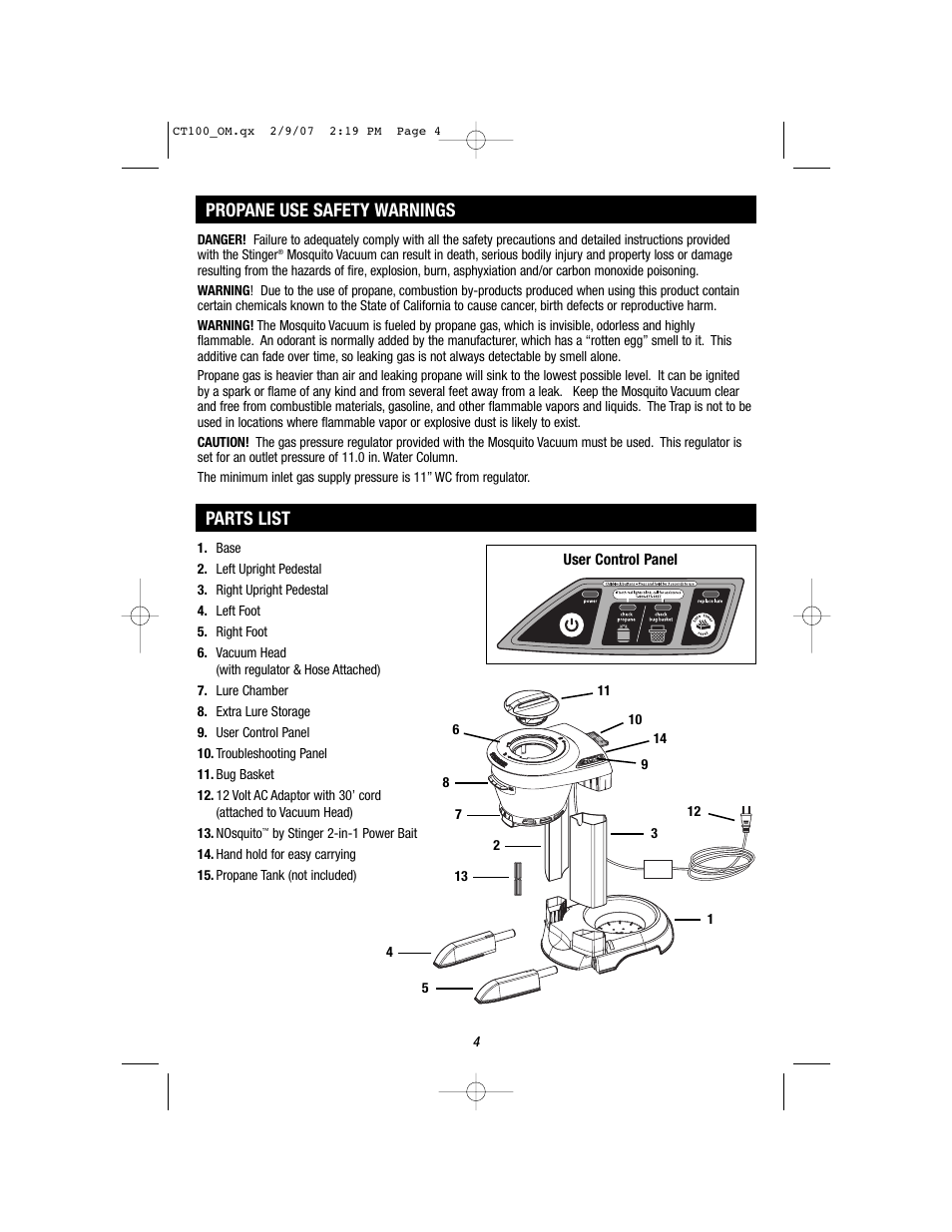 Propane use safety warnings parts list | Stinger CT100 User Manual | Page 4 / 13