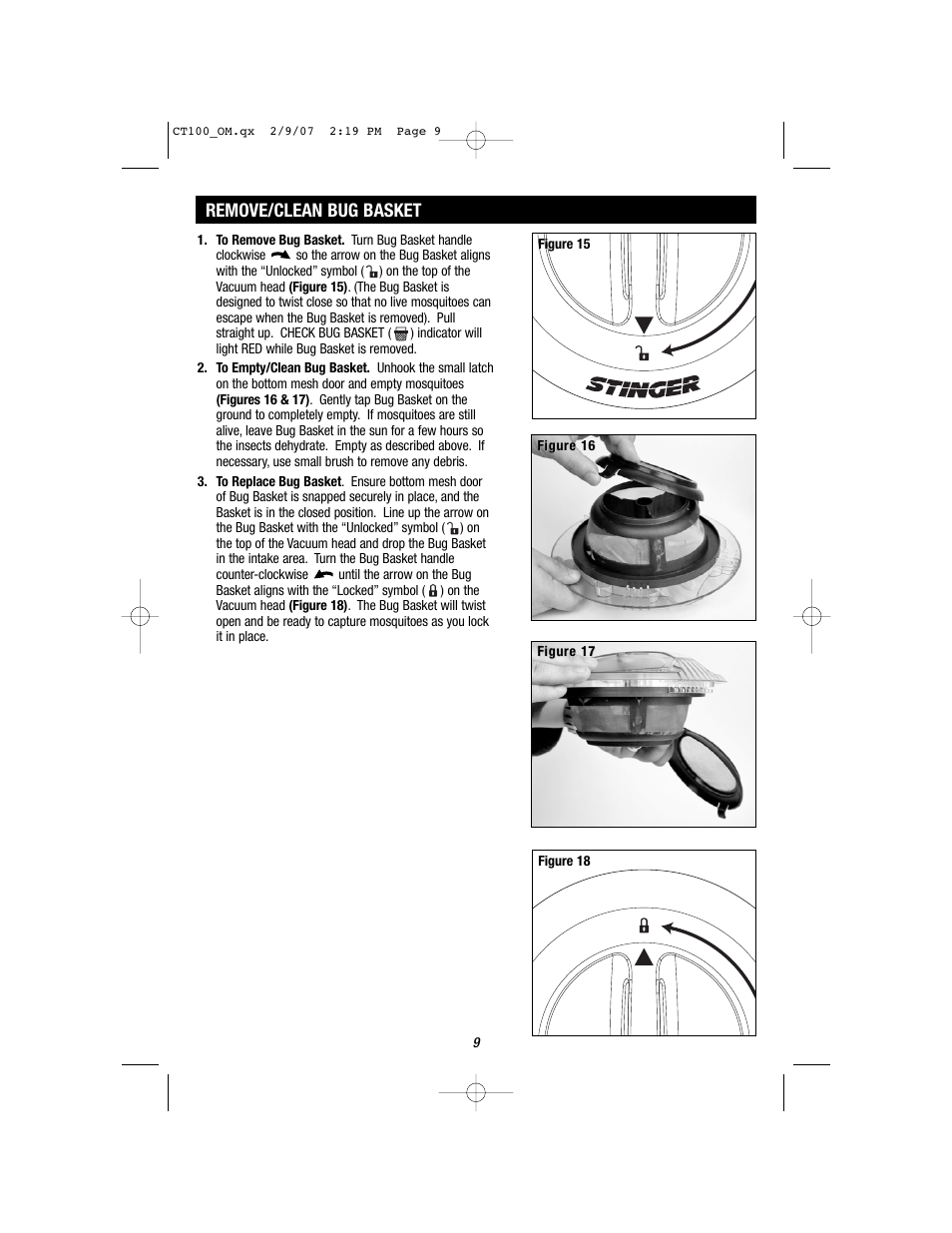 Assembly, Remove/clean bug basket | Stinger CT100 User Manual | Page 9 / 13