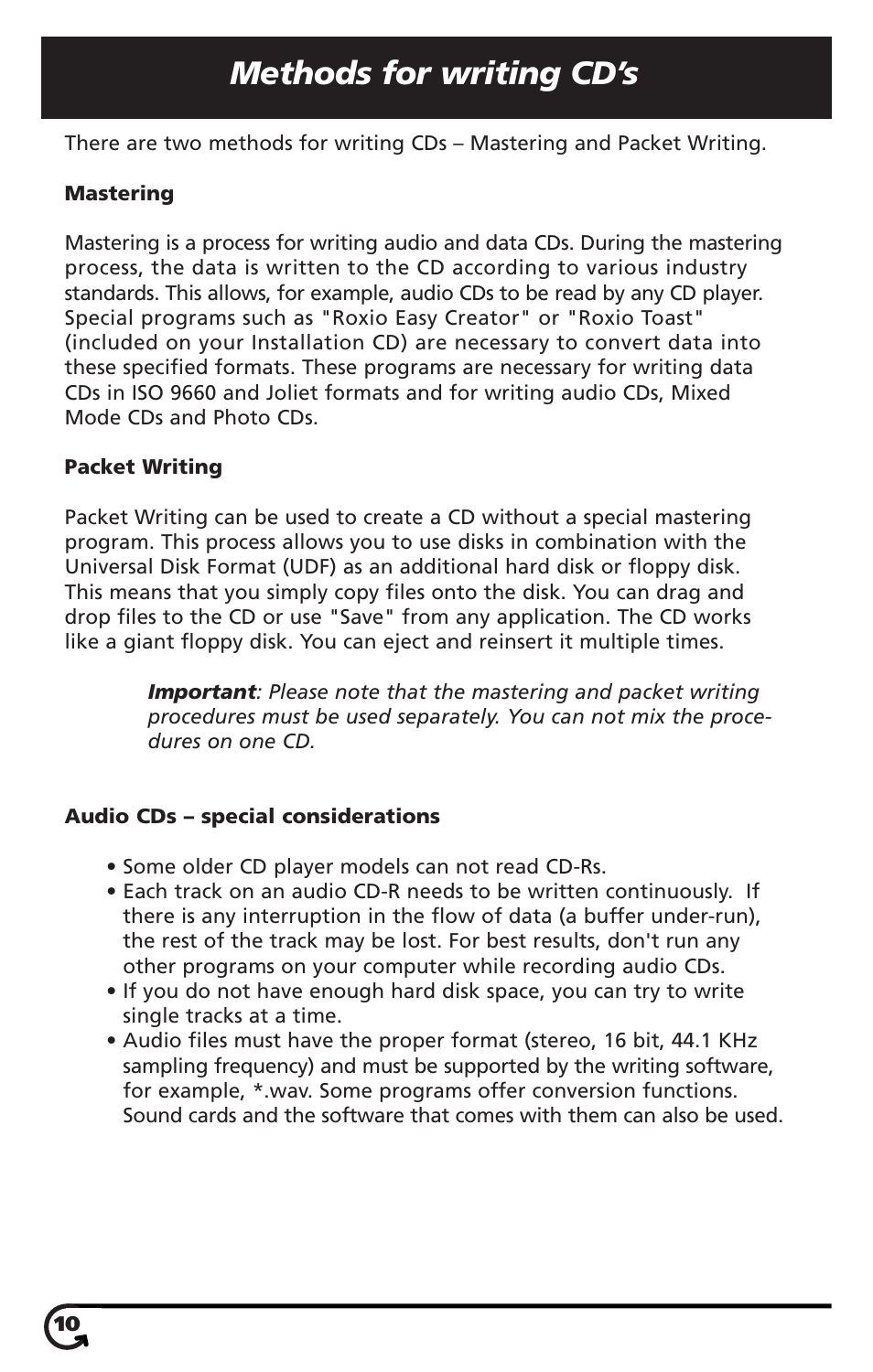 Methods for writing cd’s | SmartDisk VST FireWireTM Portable CD-R/W Drive User Manual | Page 10 / 16