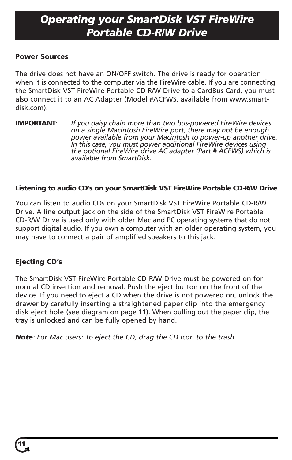 SmartDisk VST FireWireTM Portable CD-R/W Drive User Manual | Page 11 / 16