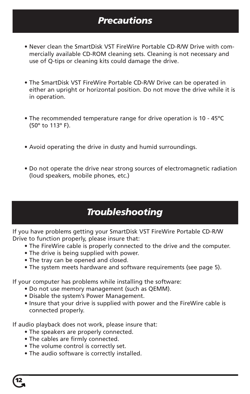 Precautions, Troubleshooting | SmartDisk VST FireWireTM Portable CD-R/W Drive User Manual | Page 12 / 16