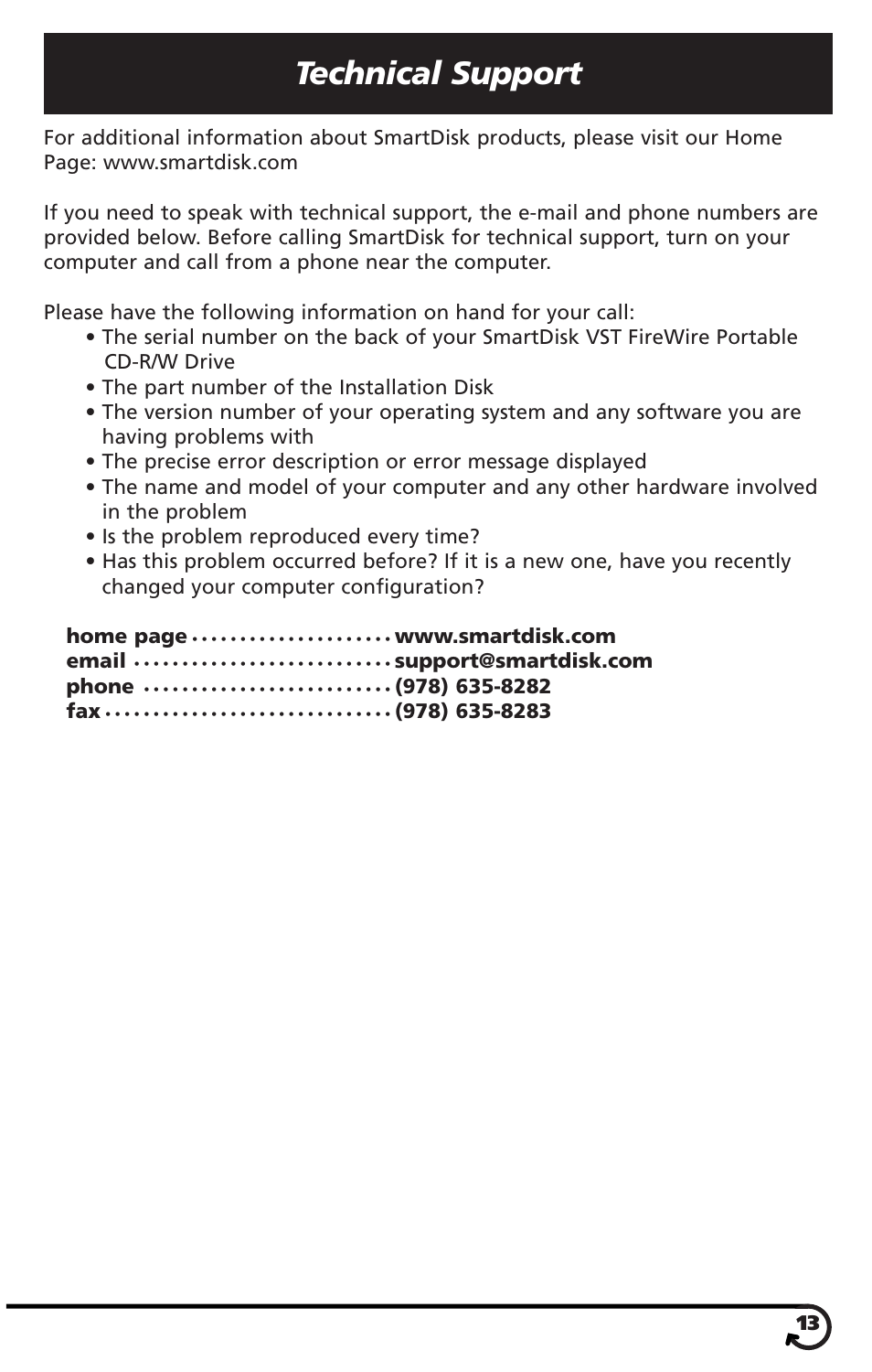 Technical support | SmartDisk VST FireWireTM Portable CD-R/W Drive User Manual | Page 13 / 16