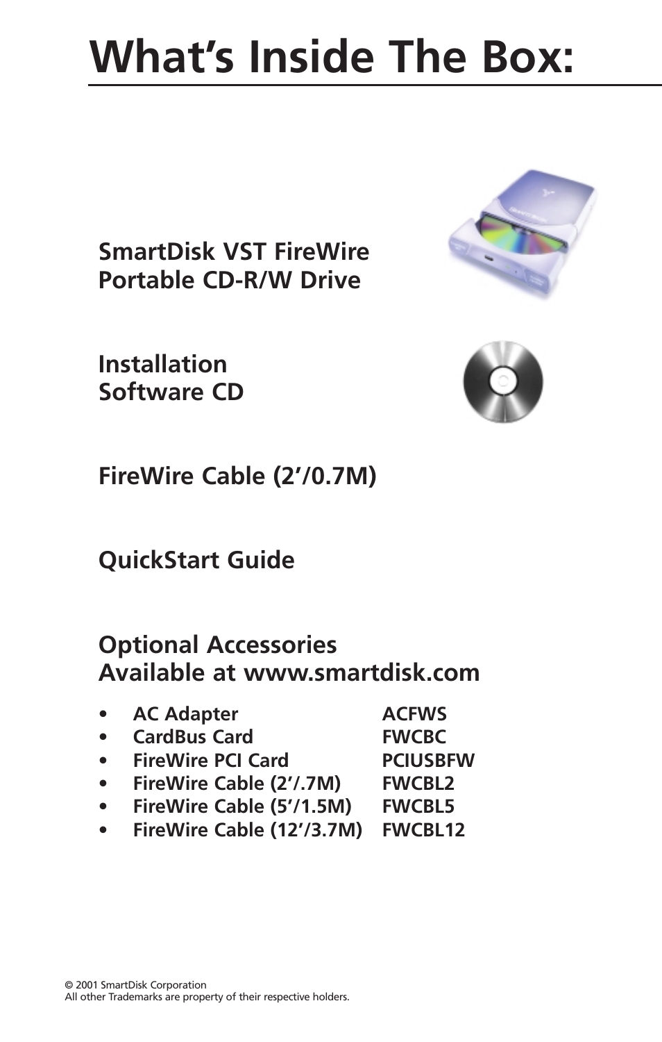 What’s inside the box | SmartDisk VST FireWireTM Portable CD-R/W Drive User Manual | Page 2 / 16
