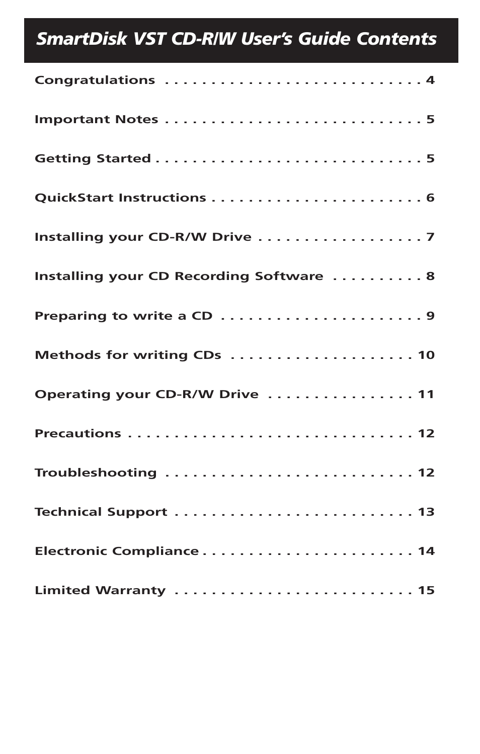 Smartdisk vst cd-r/w user’s guide contents | SmartDisk VST FireWireTM Portable CD-R/W Drive User Manual | Page 3 / 16