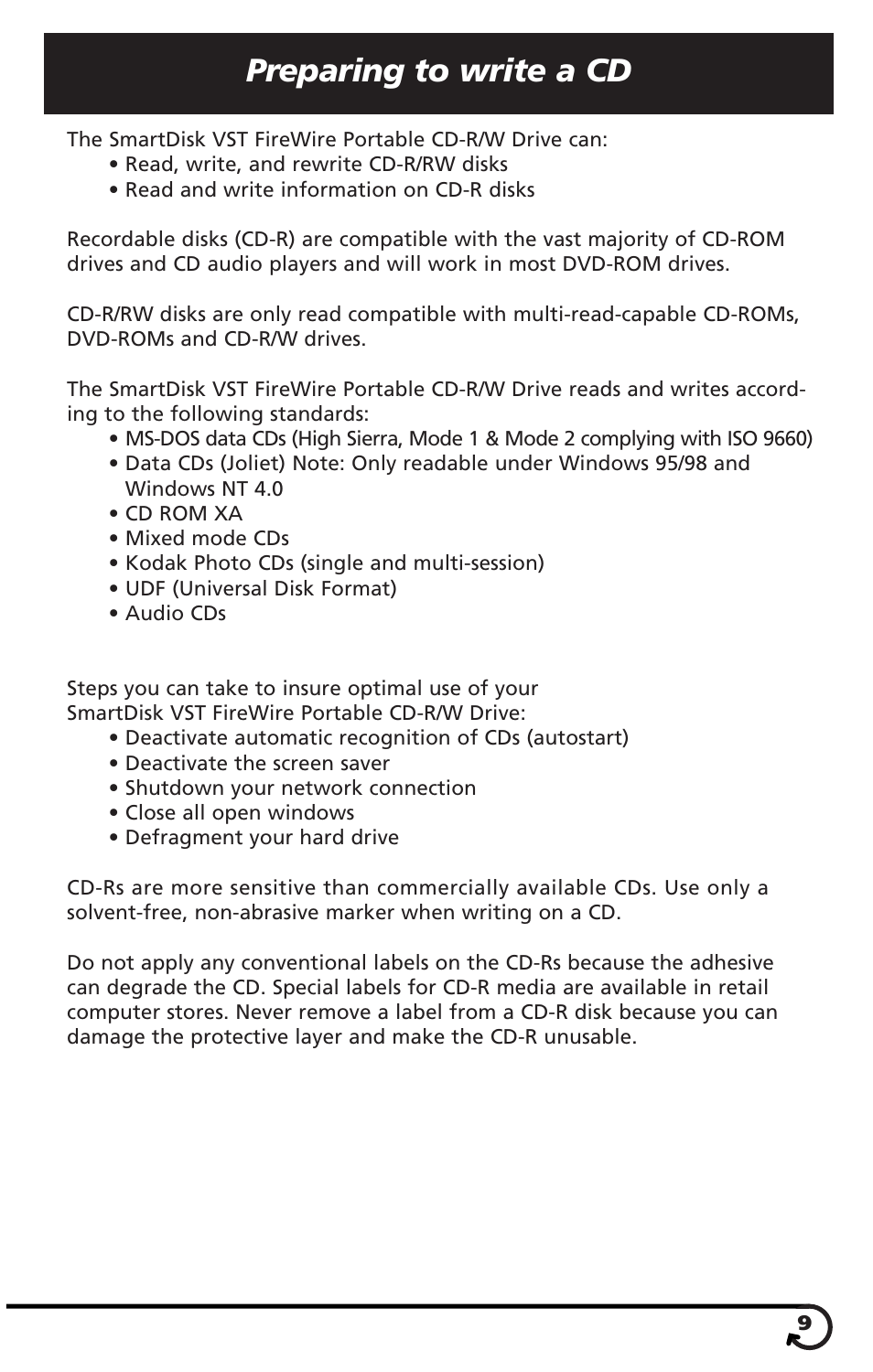Preparing to write a cd | SmartDisk VST FireWireTM Portable CD-R/W Drive User Manual | Page 9 / 16