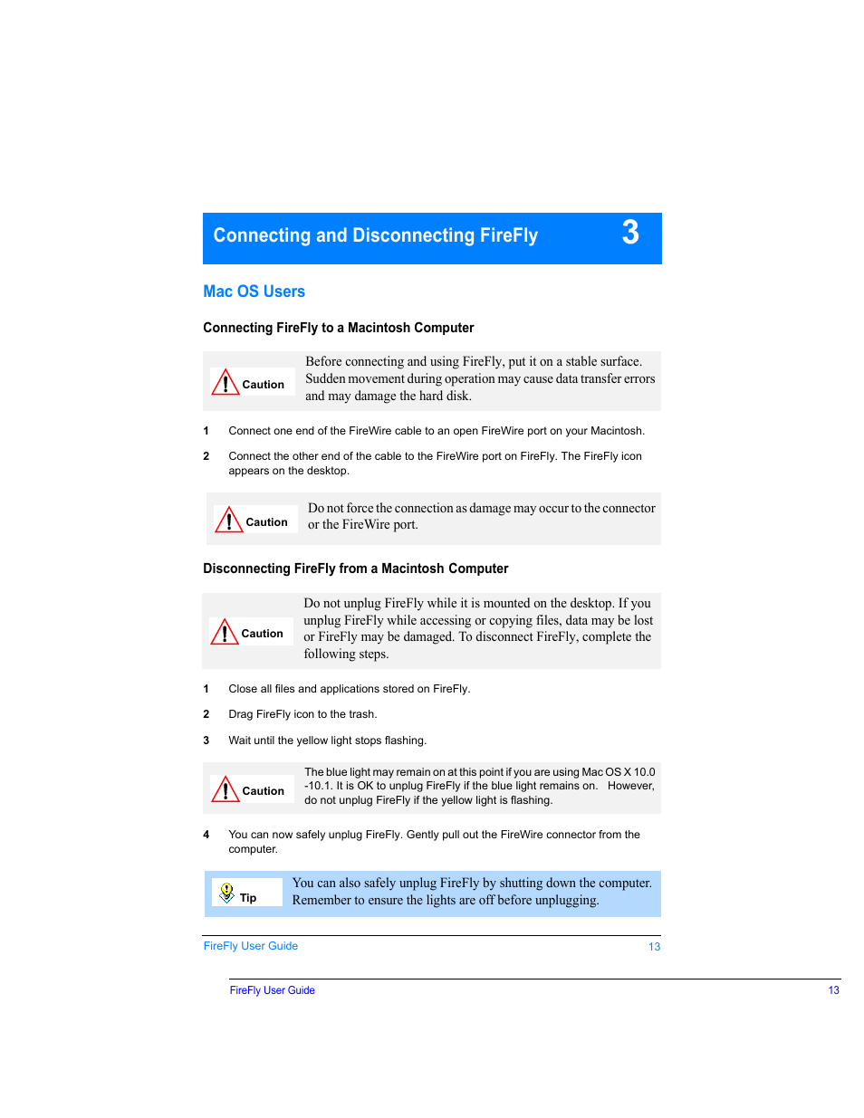 Connecting and disconnecting firefly, Mac os users, Connecting firefly to a macintosh computer | Disconnecting firefly from a macintosh computer | SmartDisk Rover none User Manual | Page 13 / 25