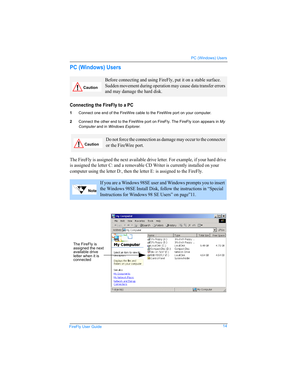 Pc (windows) users, Connecting the firefly to a pc | SmartDisk Rover none User Manual | Page 14 / 25
