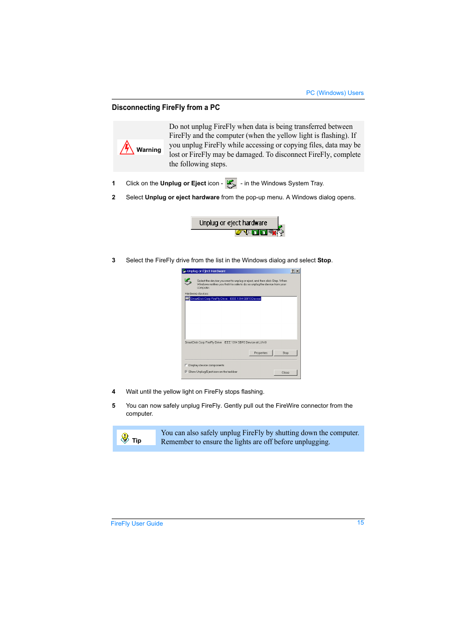 Disconnecting firefly from a pc | SmartDisk Rover none User Manual | Page 15 / 25