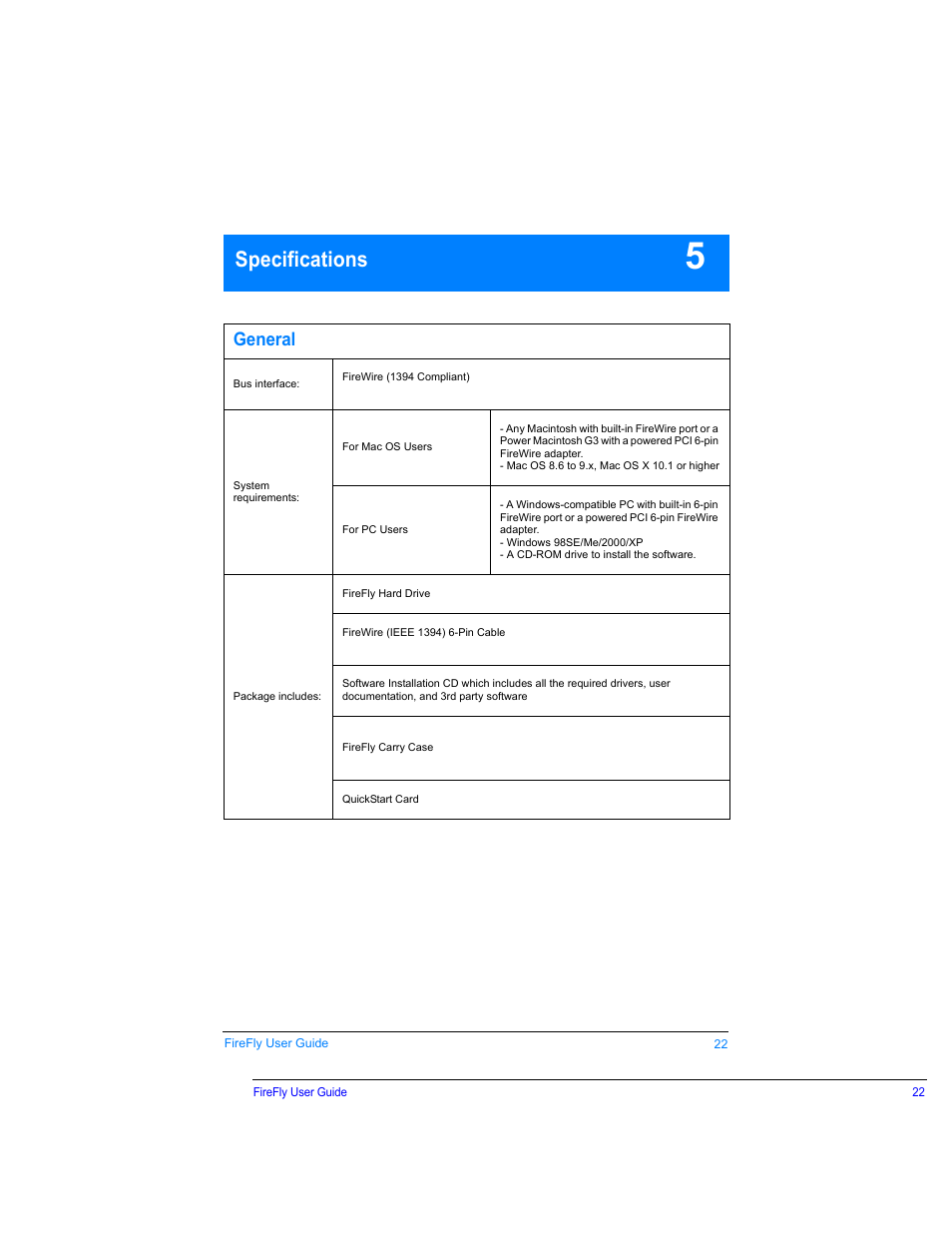 Specifications, General | SmartDisk Rover none User Manual | Page 22 / 25